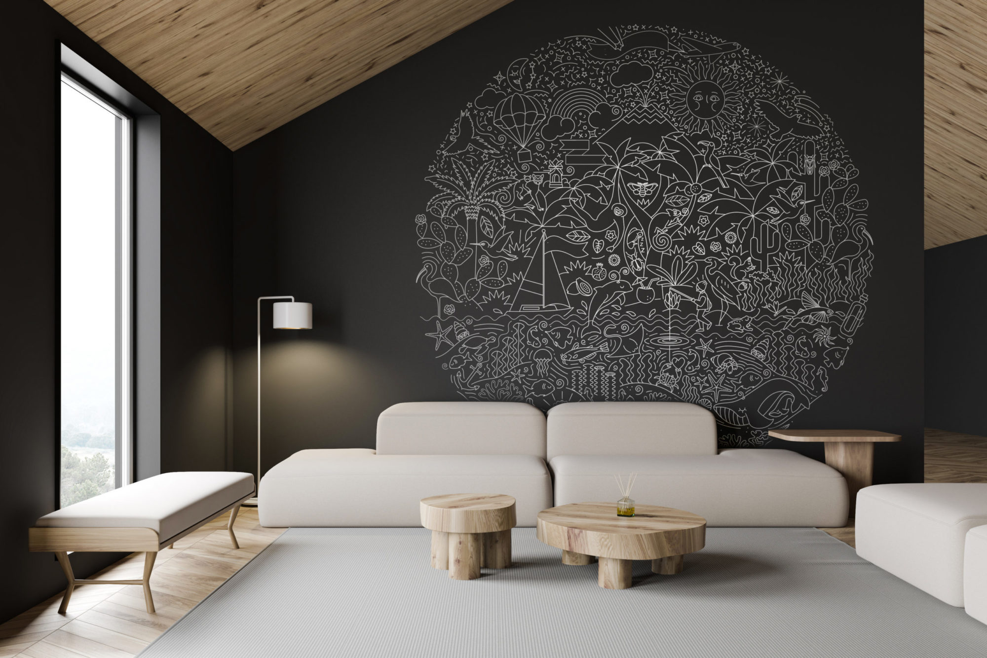 Grey attic living room interior with sofa