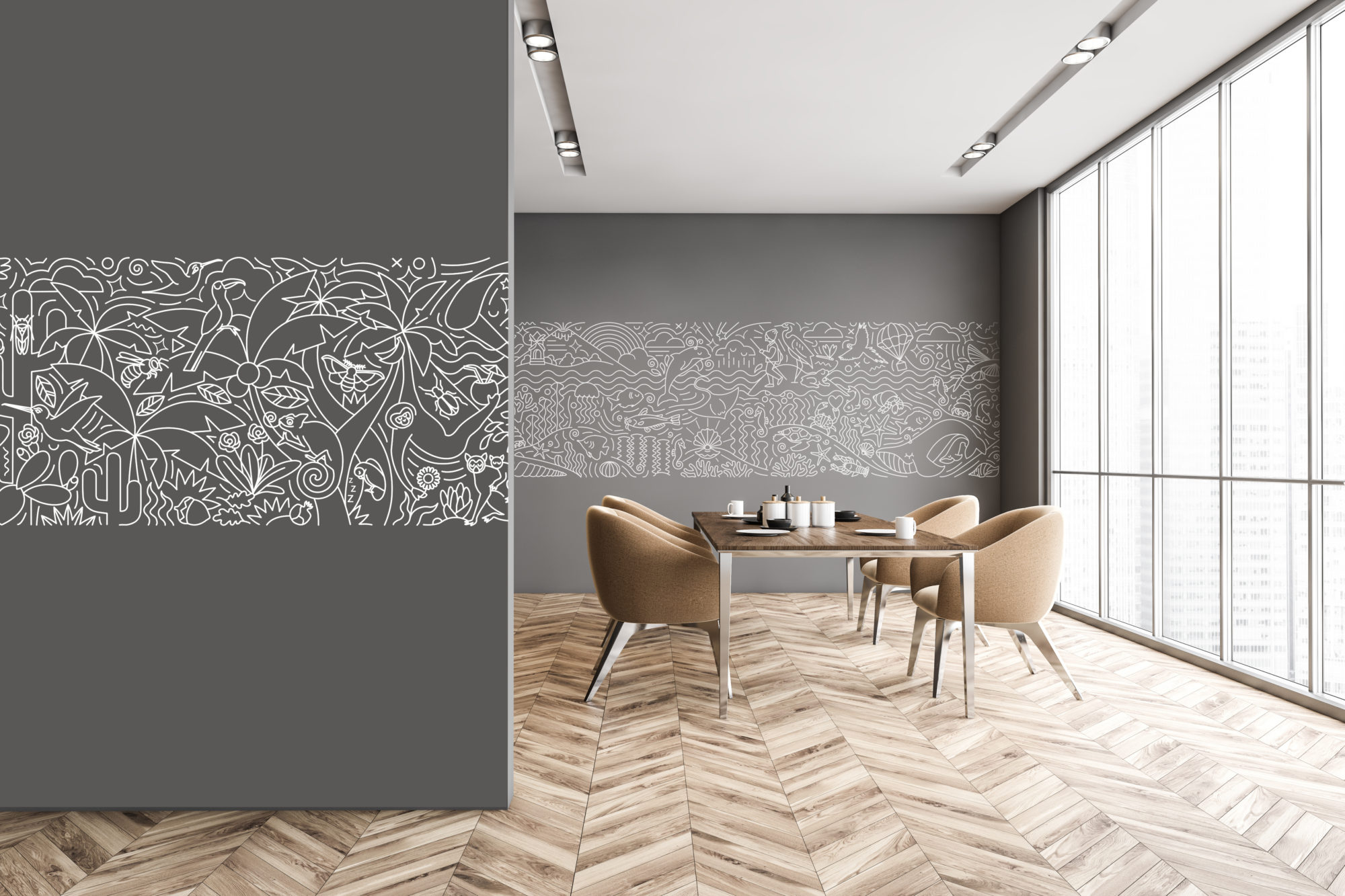 Brown armchairs and table in grey room with mockup canvas frame